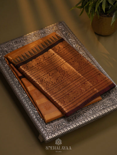 Copper Brown Kuppadam Silk Cotton Saree with Rich Zari Pallu