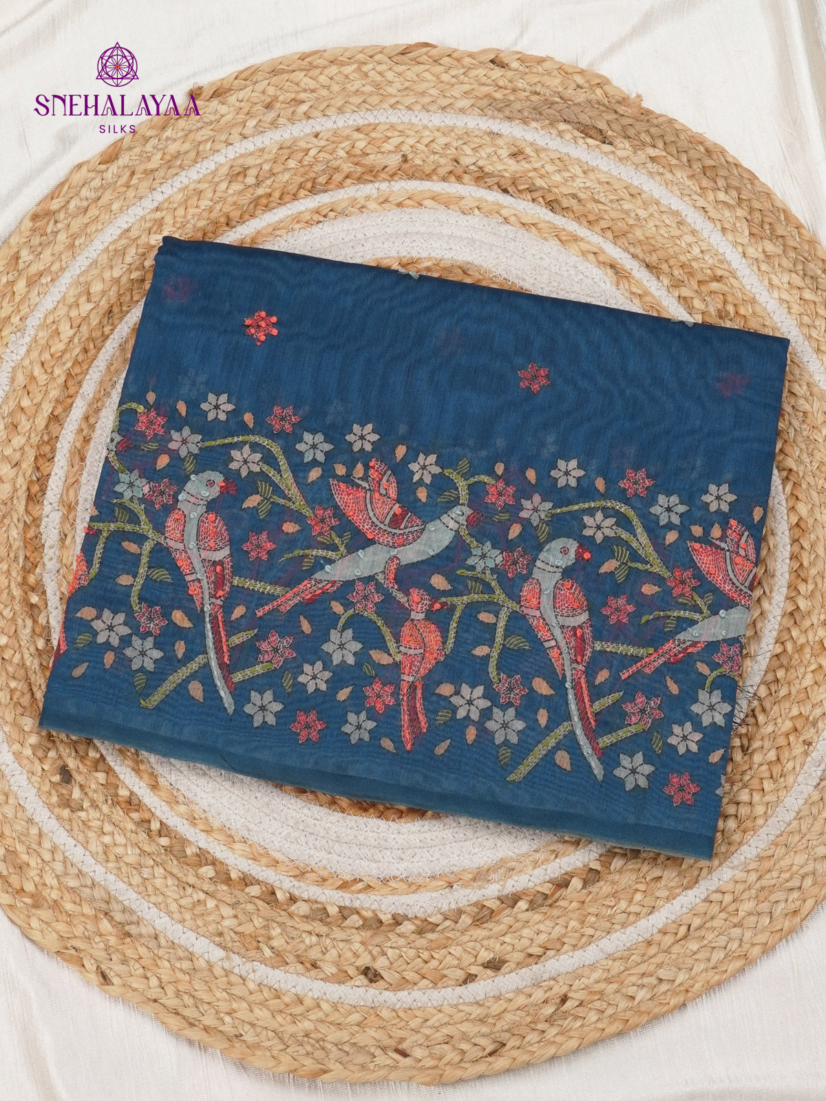 Pastel Blue Linen Embroidery Saree