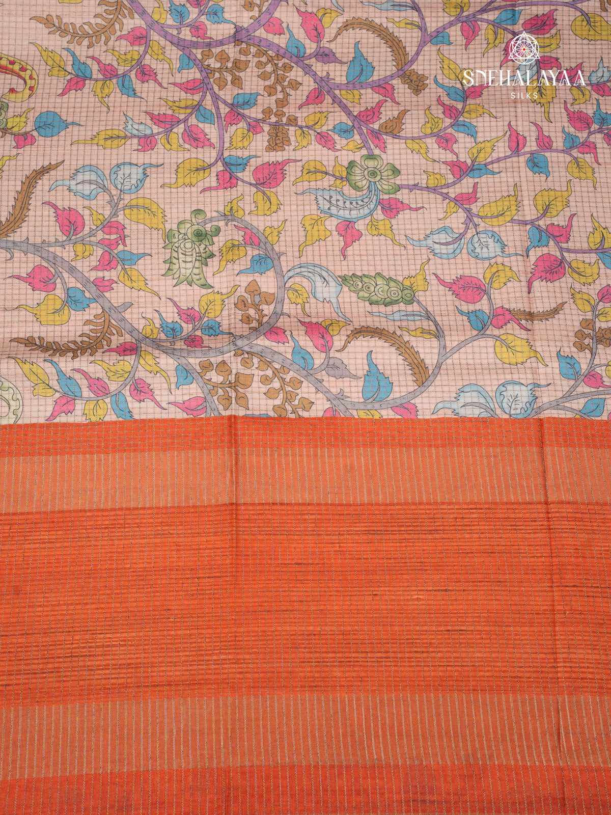 Peach Printed Tussar Saree