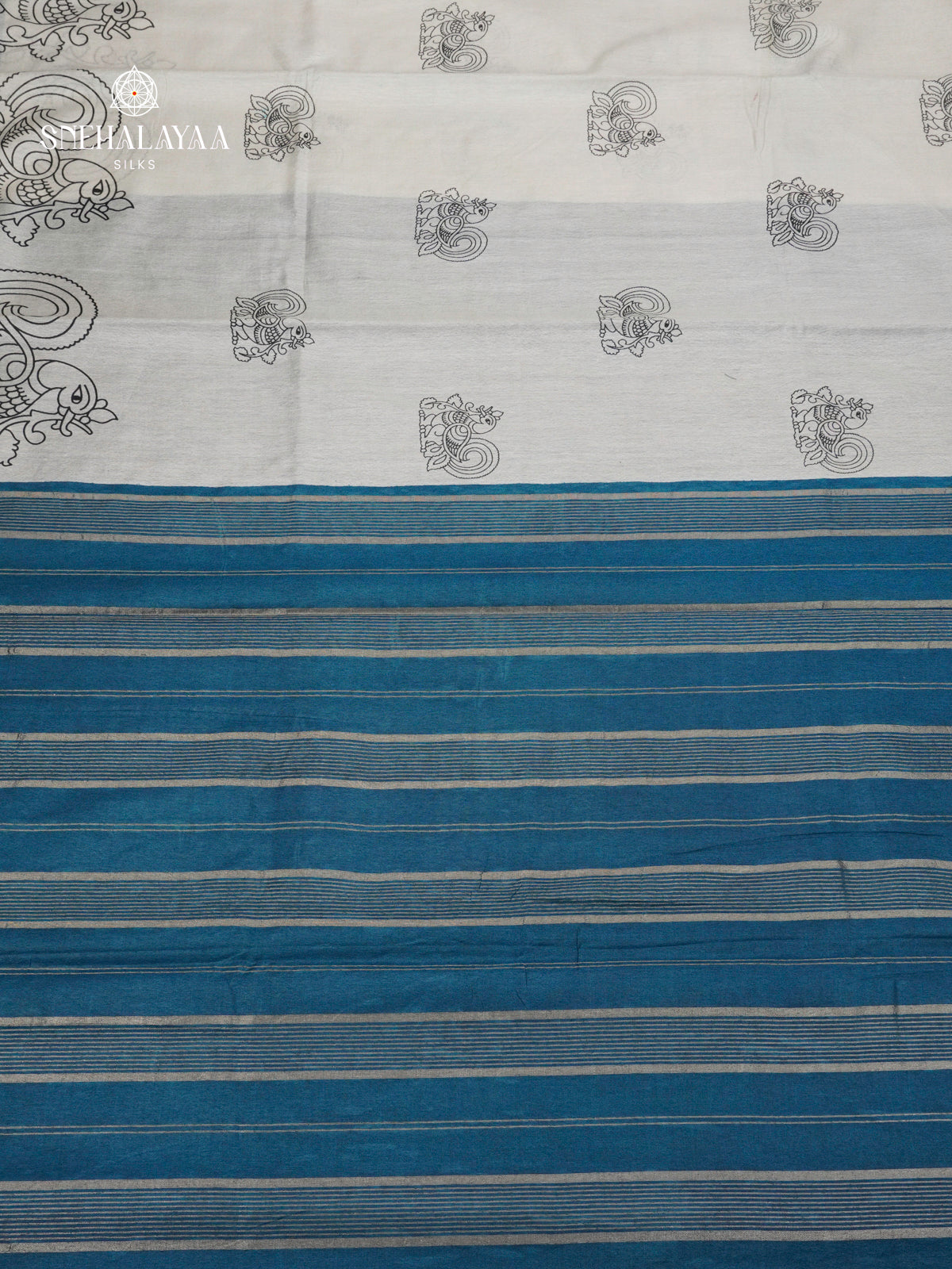 Light Grey Kalamkari Saree with Teal Blue Woven Border