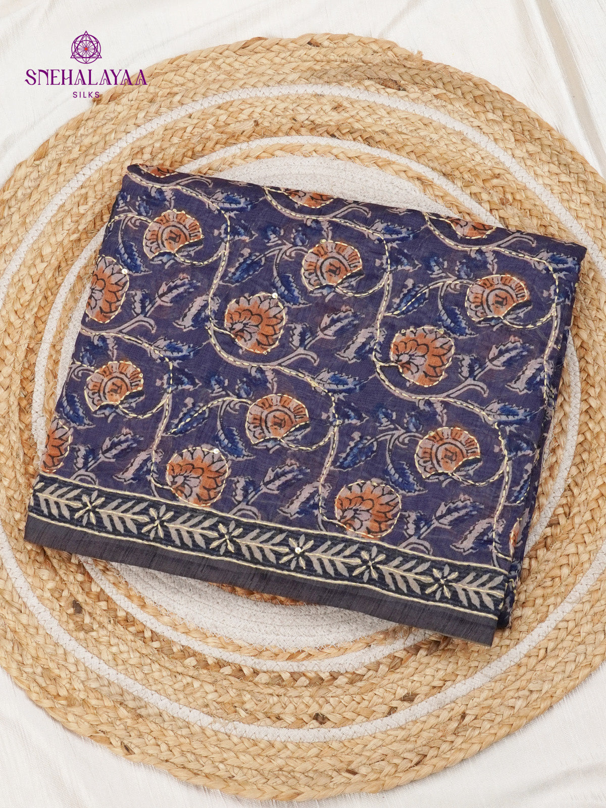 Navy Blue Linen Embroidery Saree