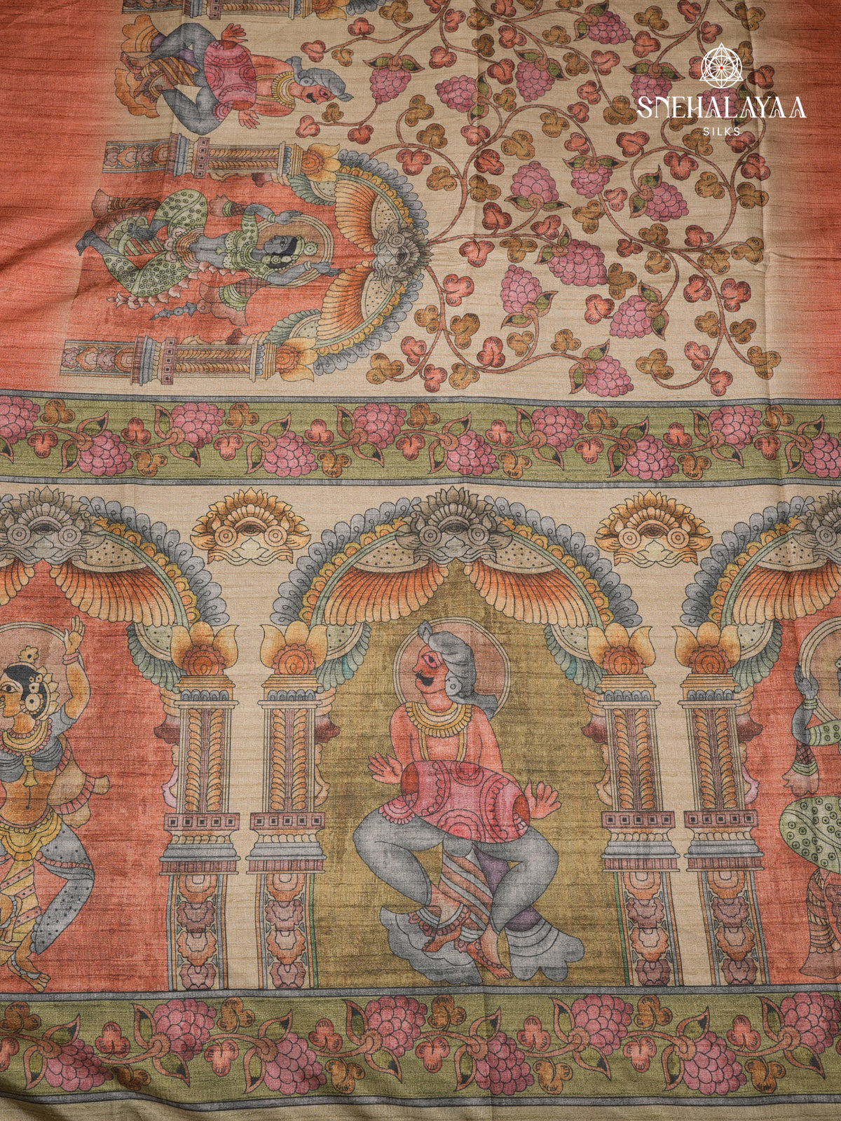 Beige With Red Border Kalamkari Tussar Saree