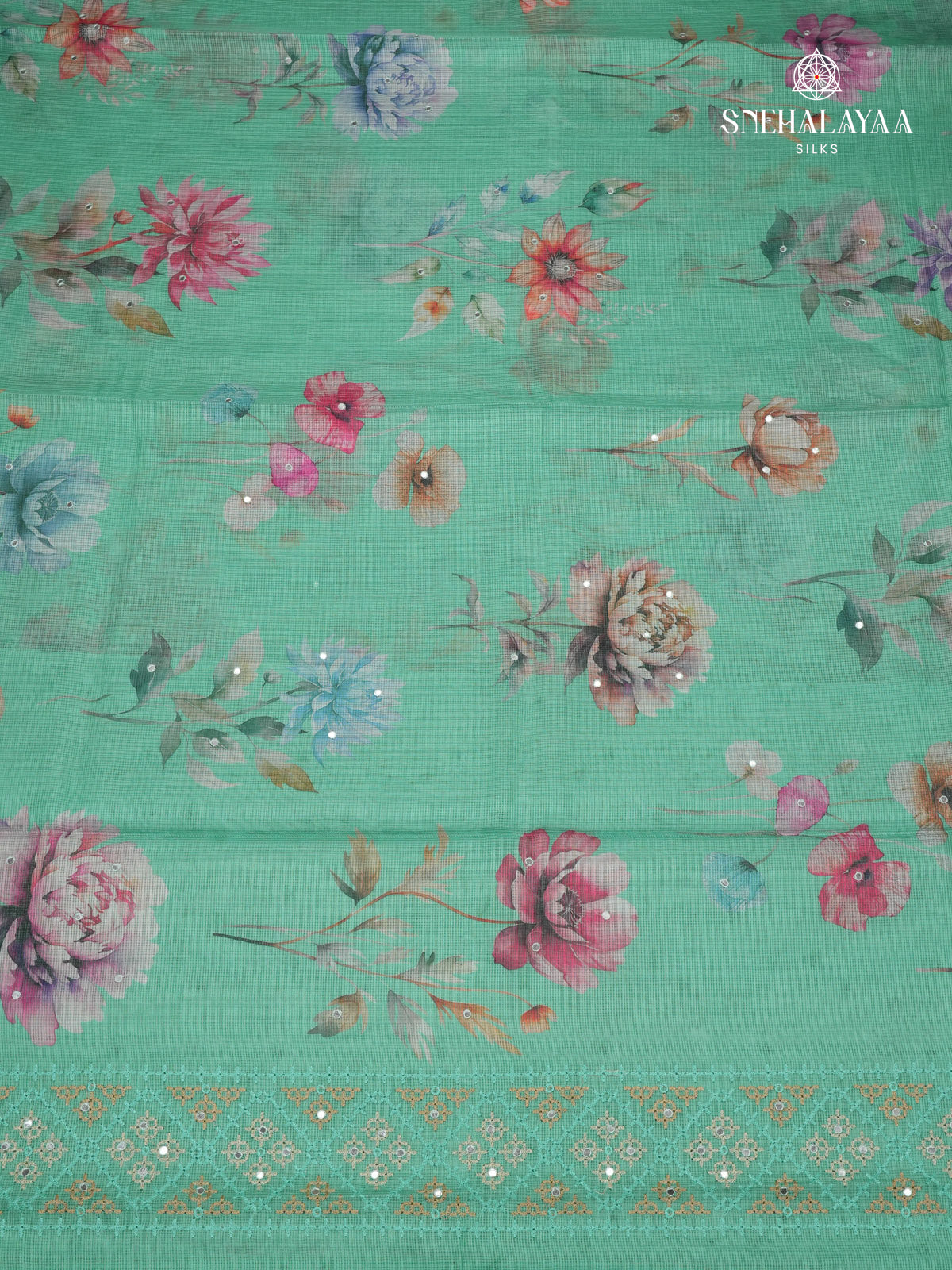 Seafoam Green Kota Embroidery Saree