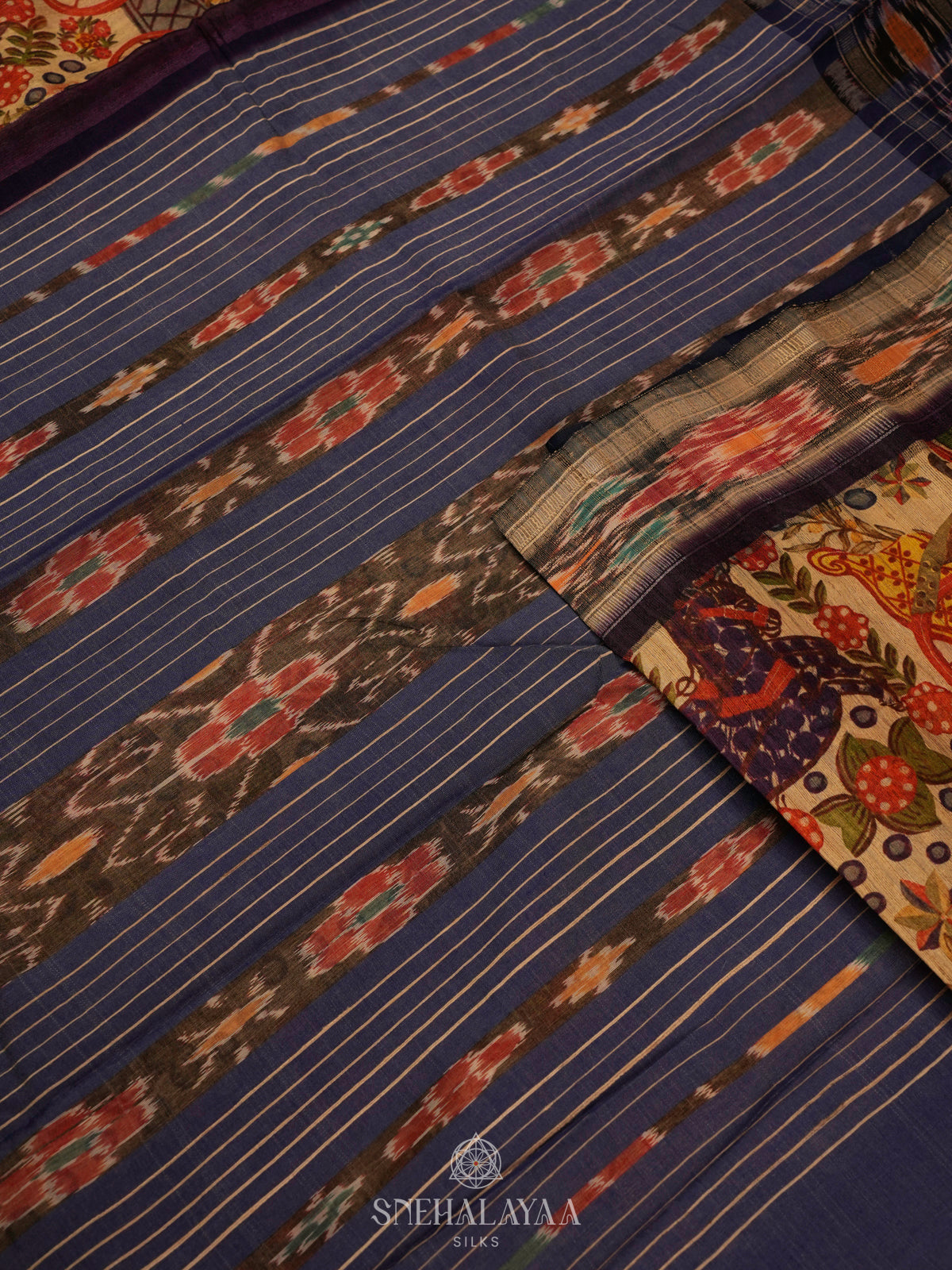 Beige Munga Tussar Saree with Navy Blue Border