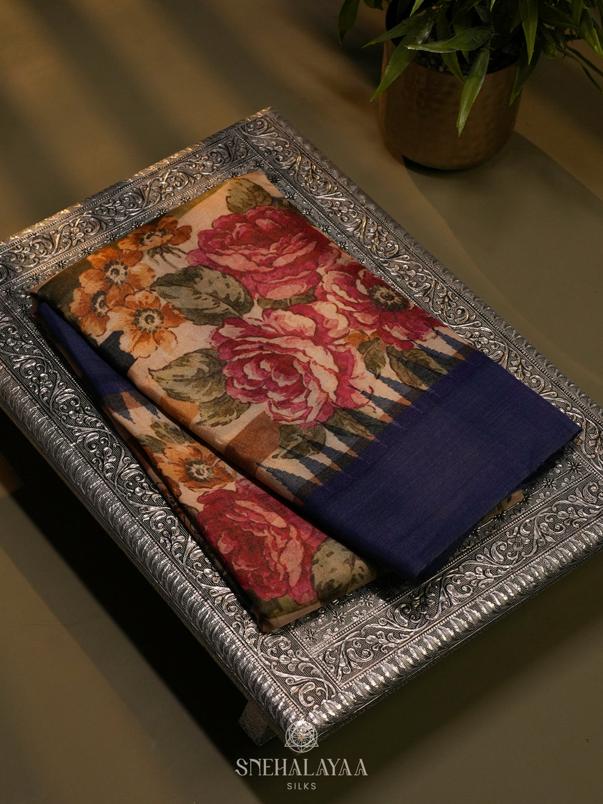 Beige Munga Tussar Saree with Purple Border