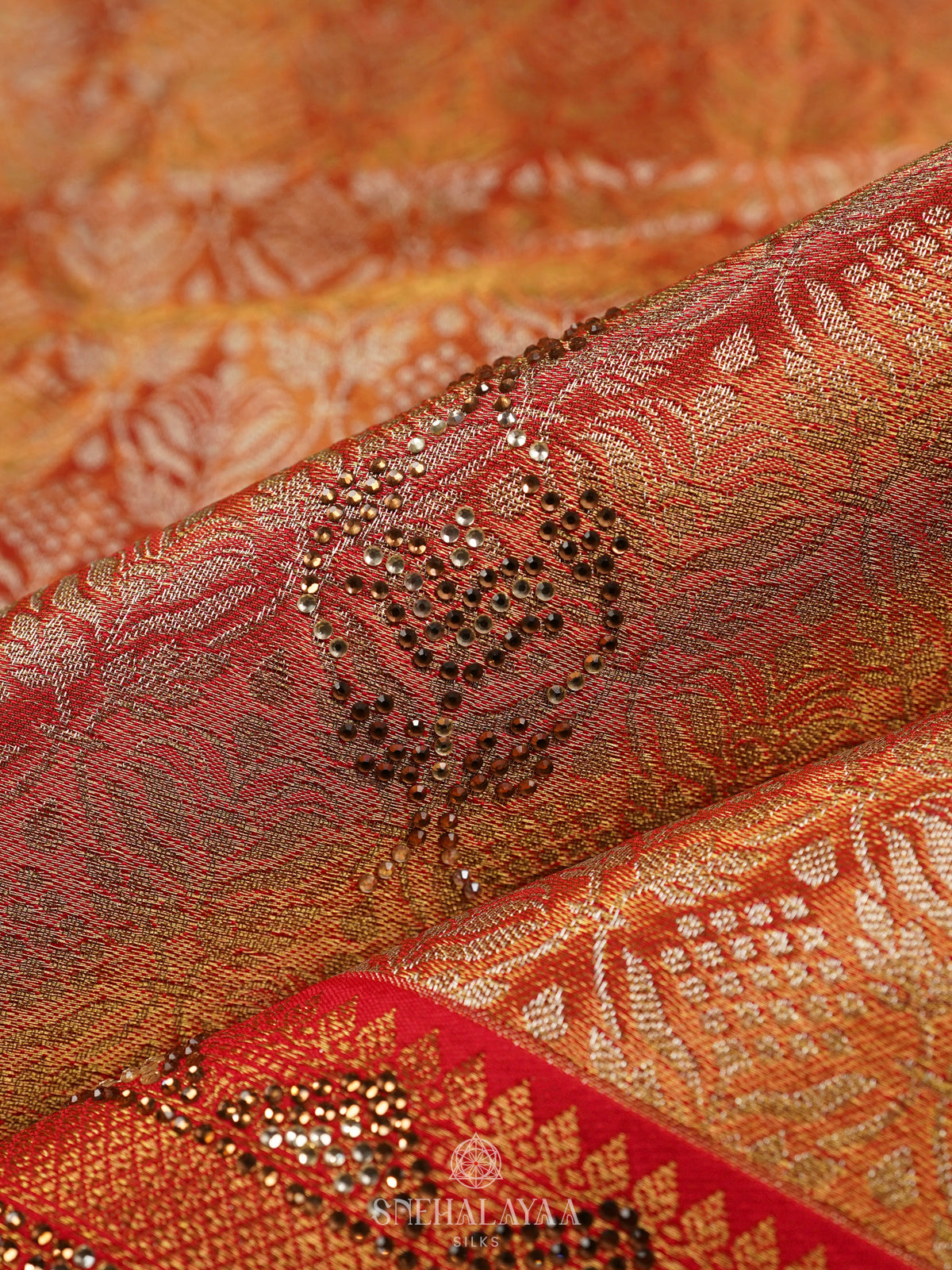 Golden Banaras Designer Saree with Orange Border