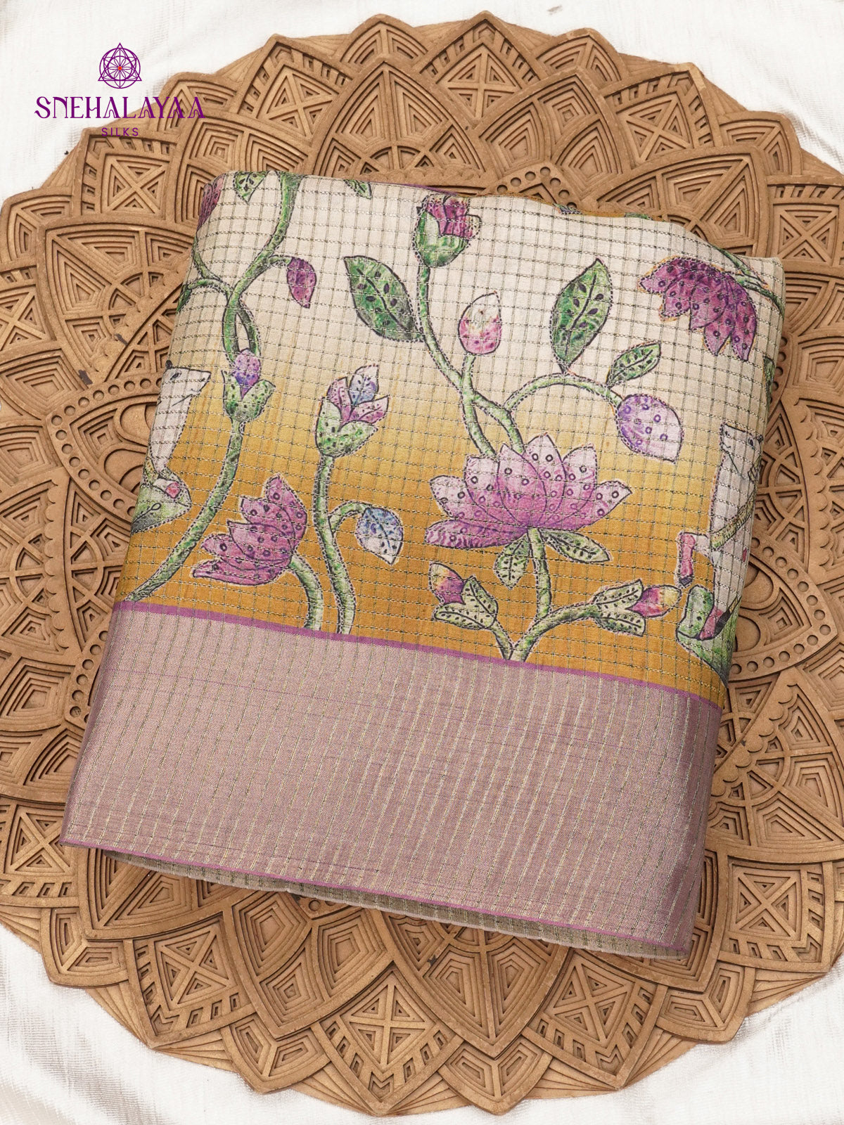 Mustard Floral Printed Tussar Saree