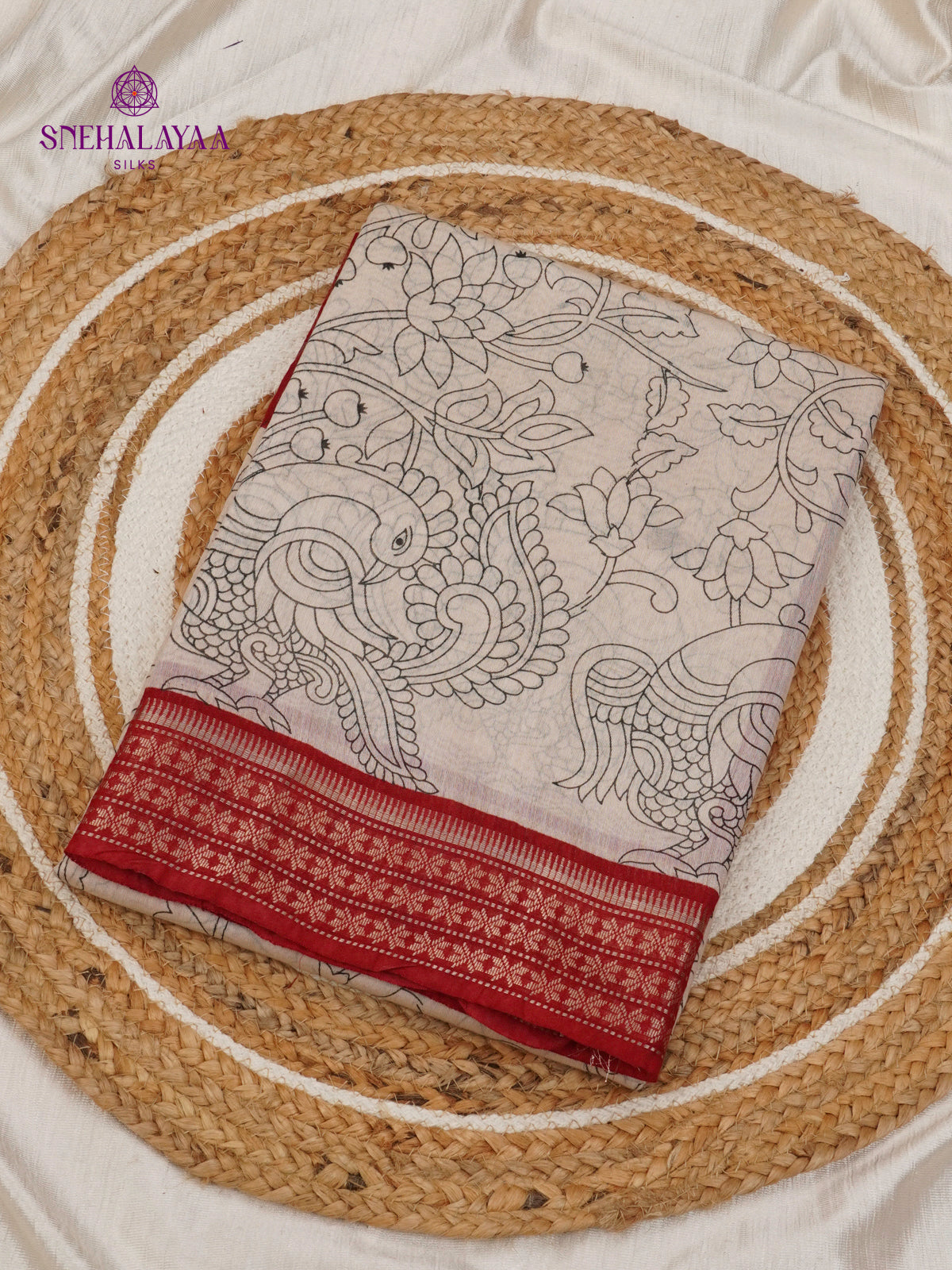 Off-White Kalamkari Saree with Red Woven Border