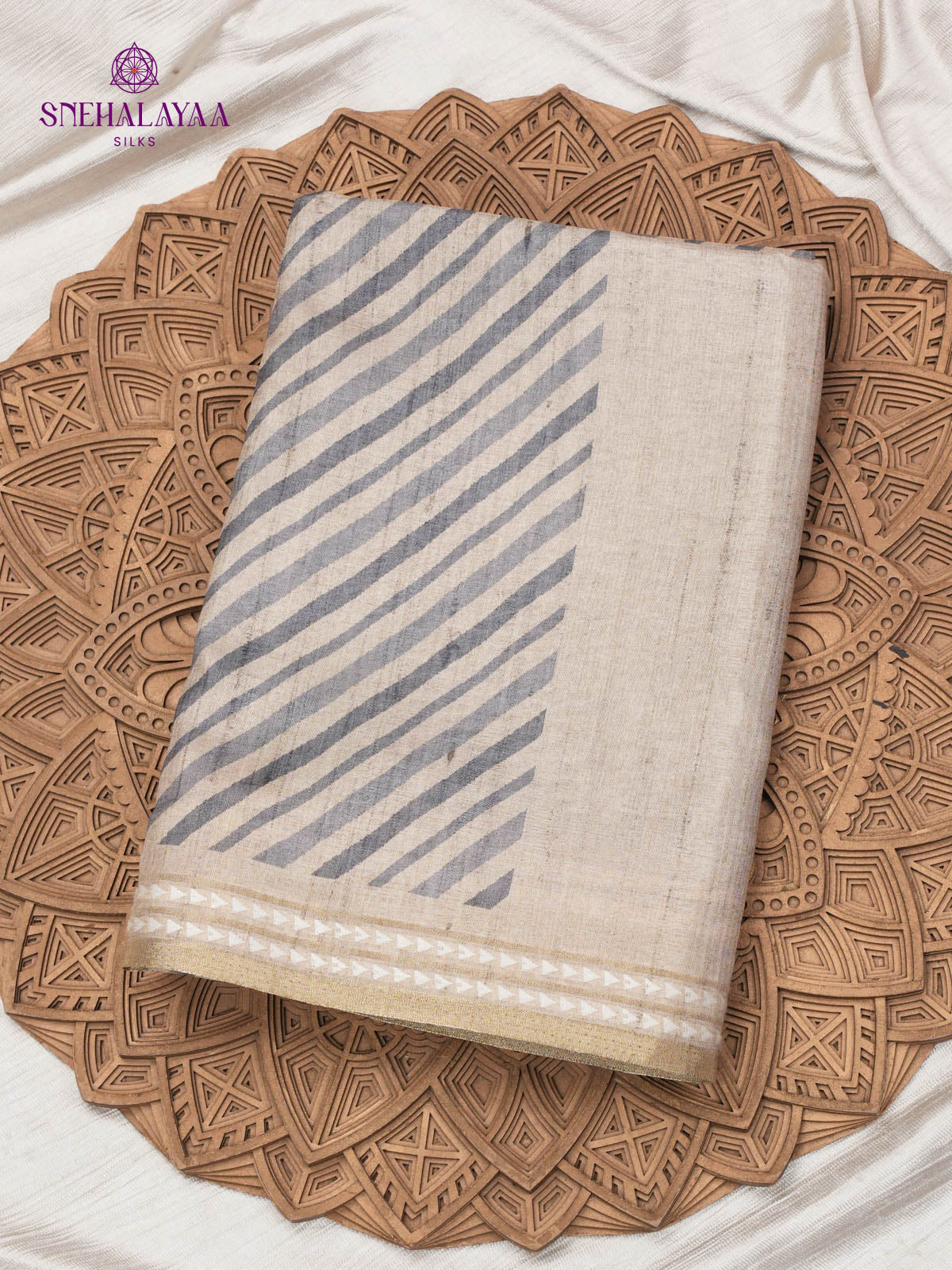 Off White Printed Tussar Saree