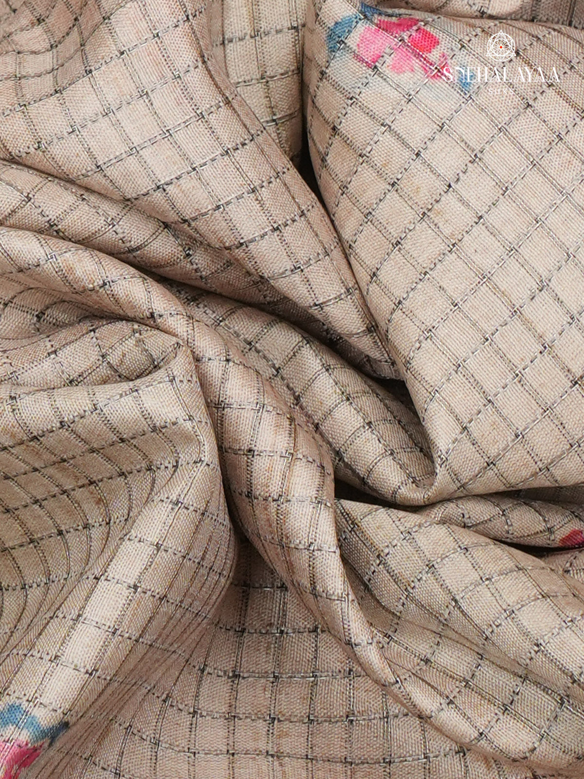 Beige Floral Printed Tussar Saree