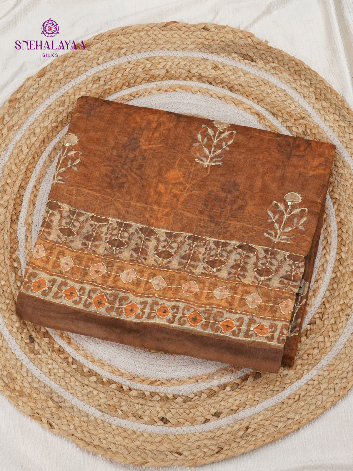 Brown Linen Embroidery Saree