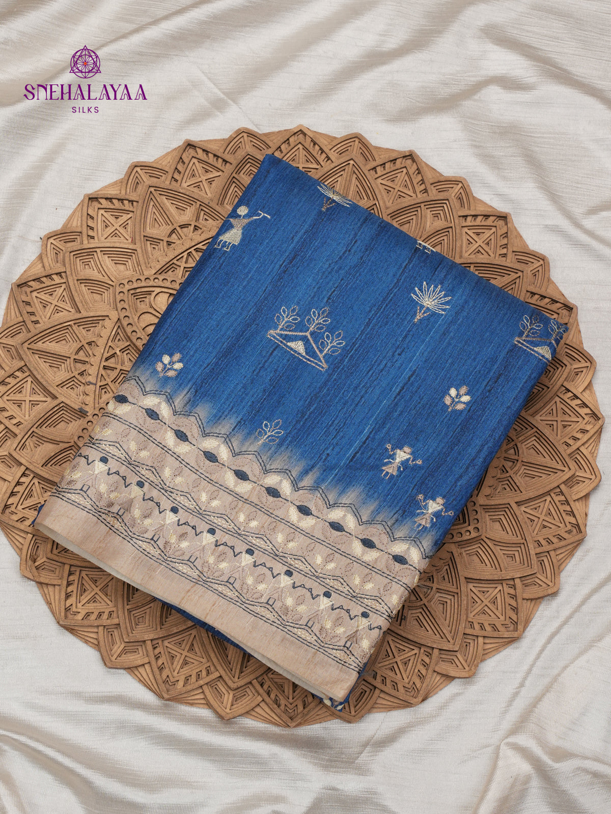 Peacock Blue Tussar Embroidery Saree