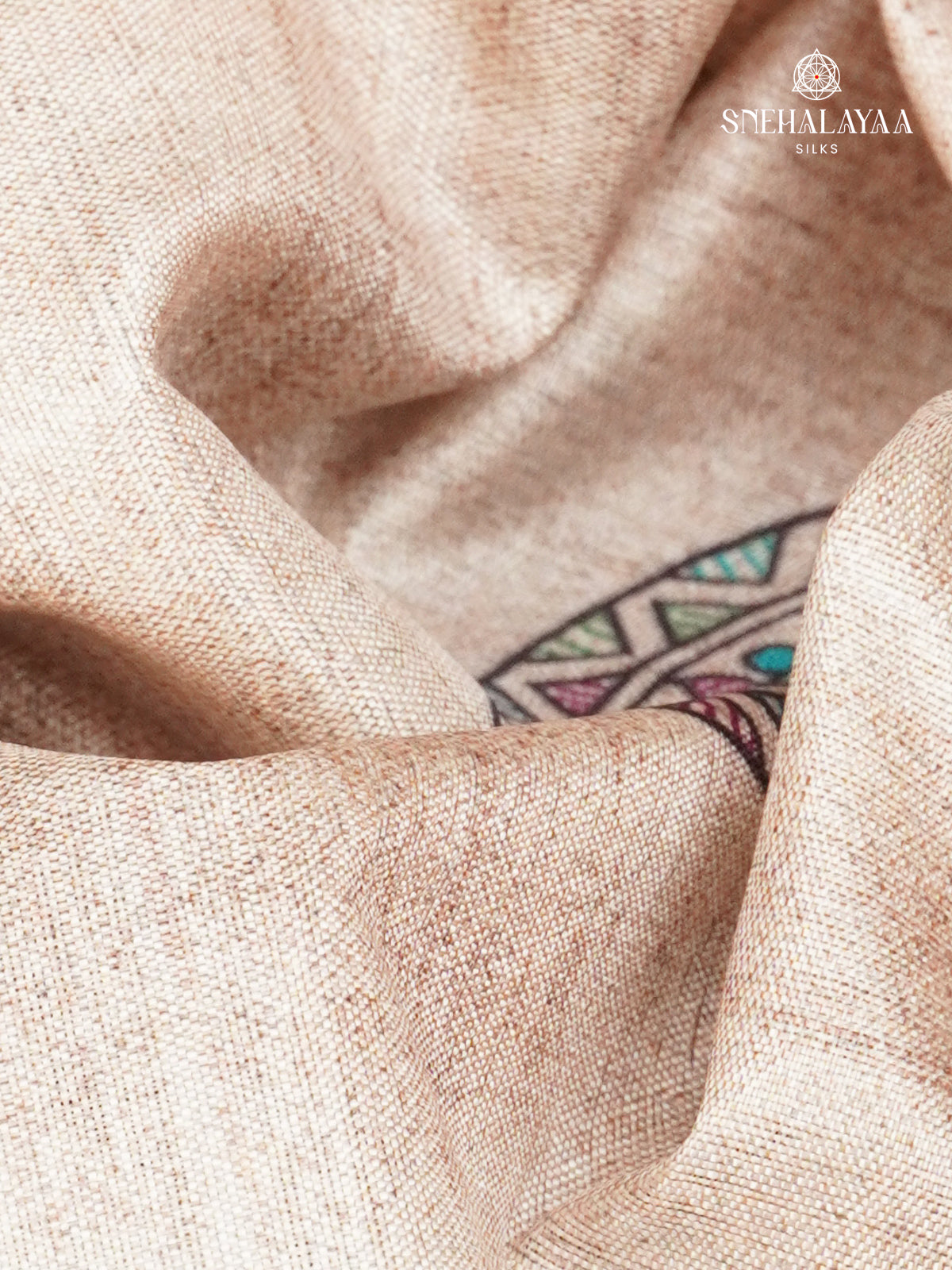 Beige With Green Border Madhubani Saree