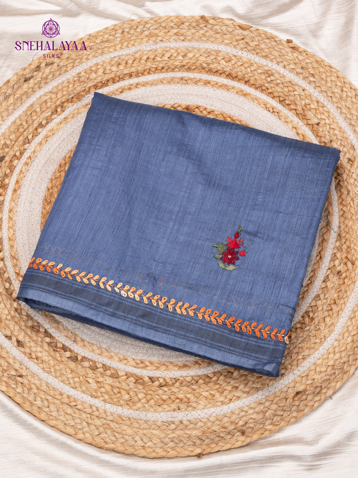 Denim Blue Raw Silk Embroidery Saree