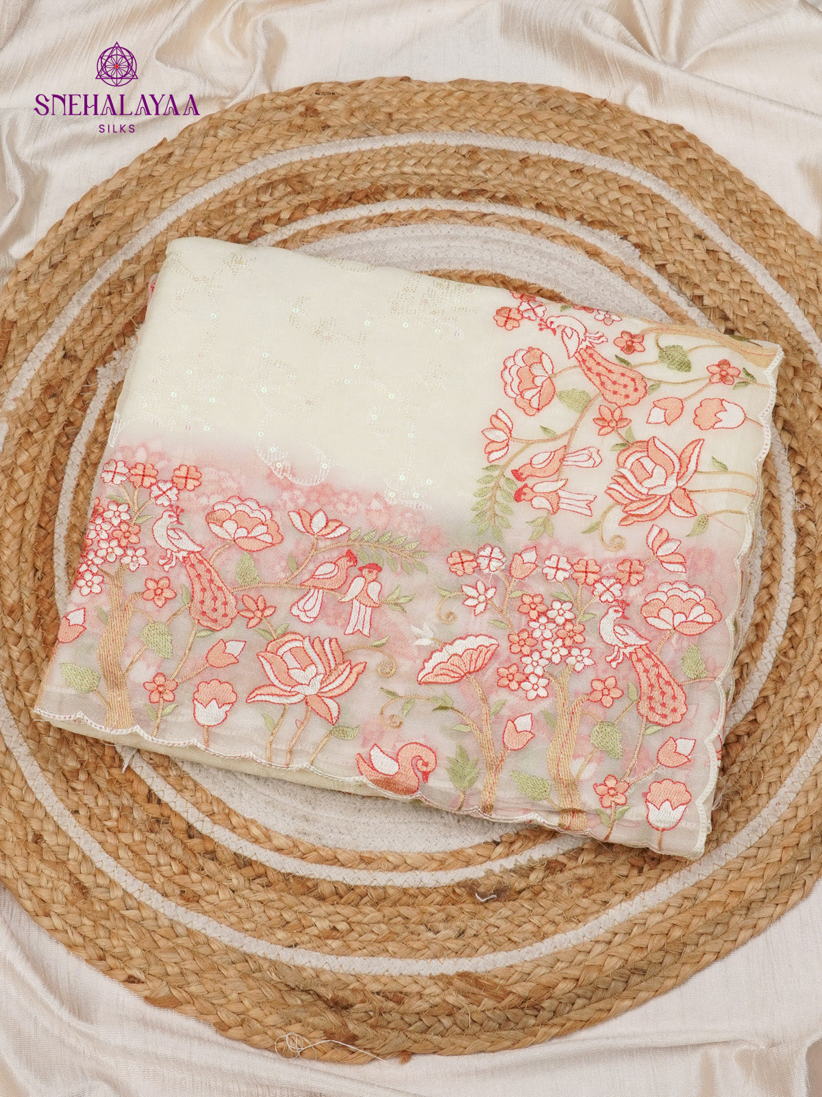 Cream Embroidery Designer Saree