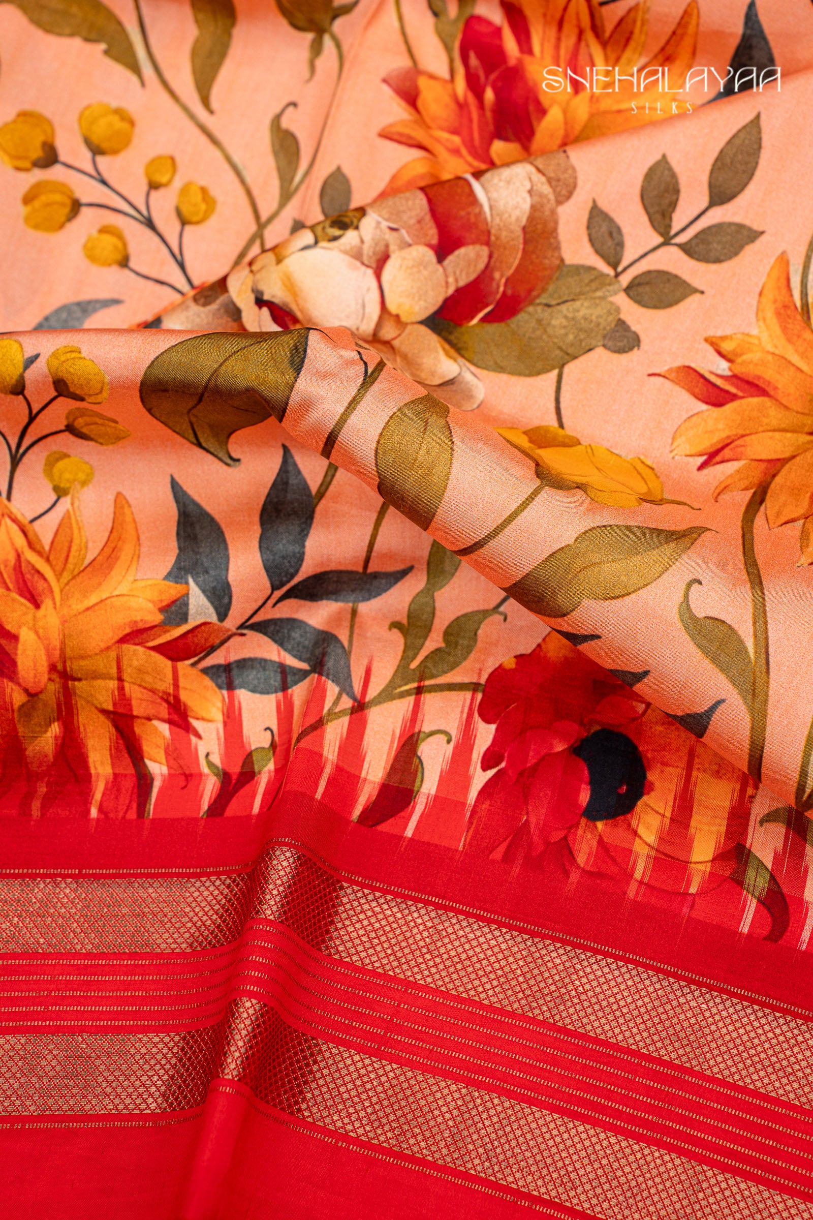 Peach Pink Printed Silk Saree