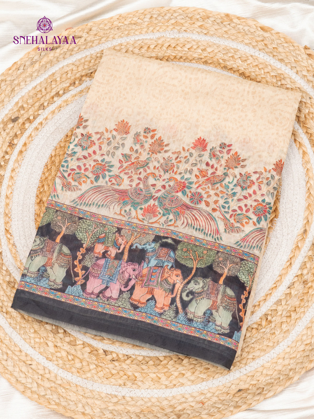 Cream With Black Border Linen Saree