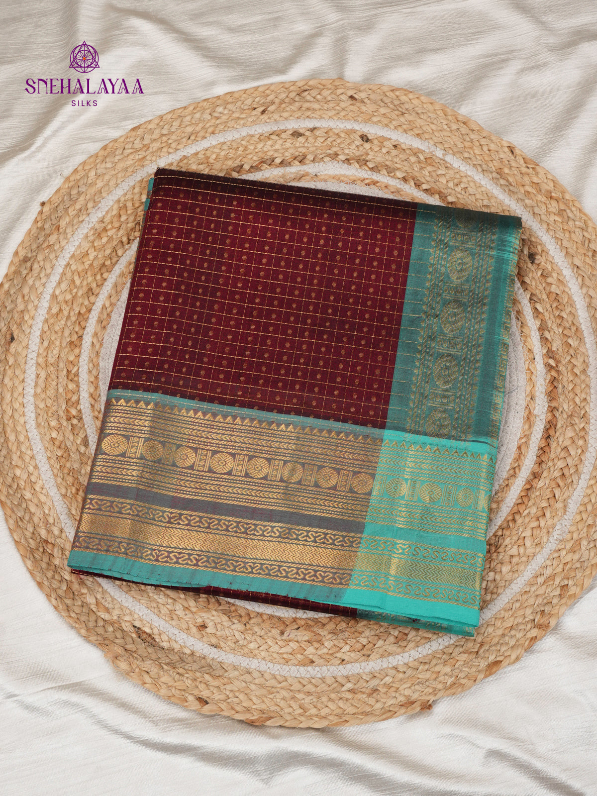 Wine Kuppadam Silk Cotton Saree with Teal Green Zari Border