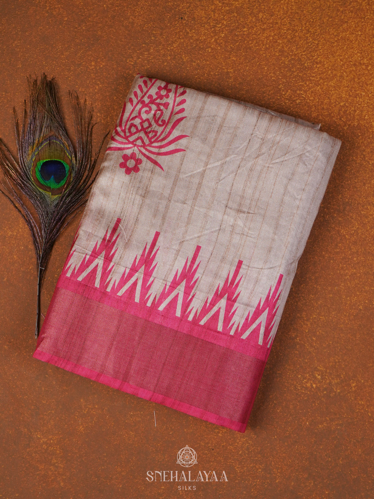 Beige with Pink Border Tussar Saree