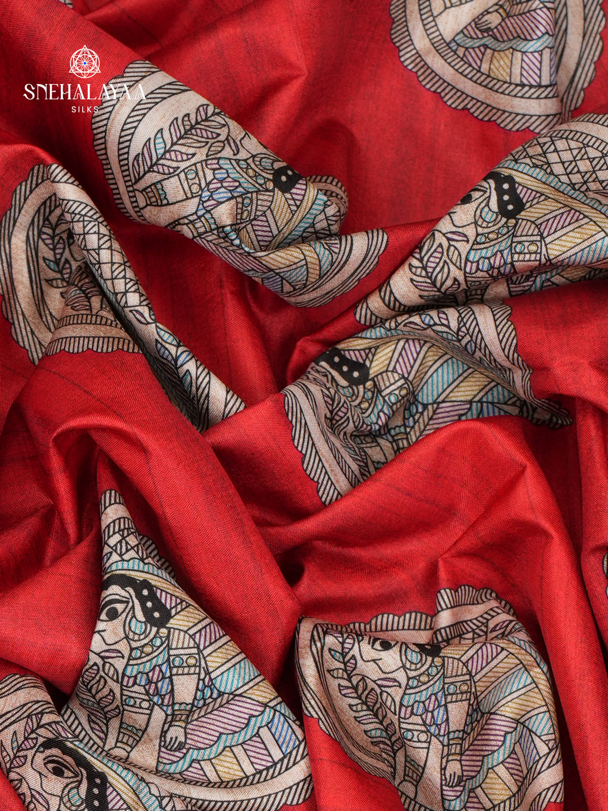 Coral Red Madhubani Printed Saree