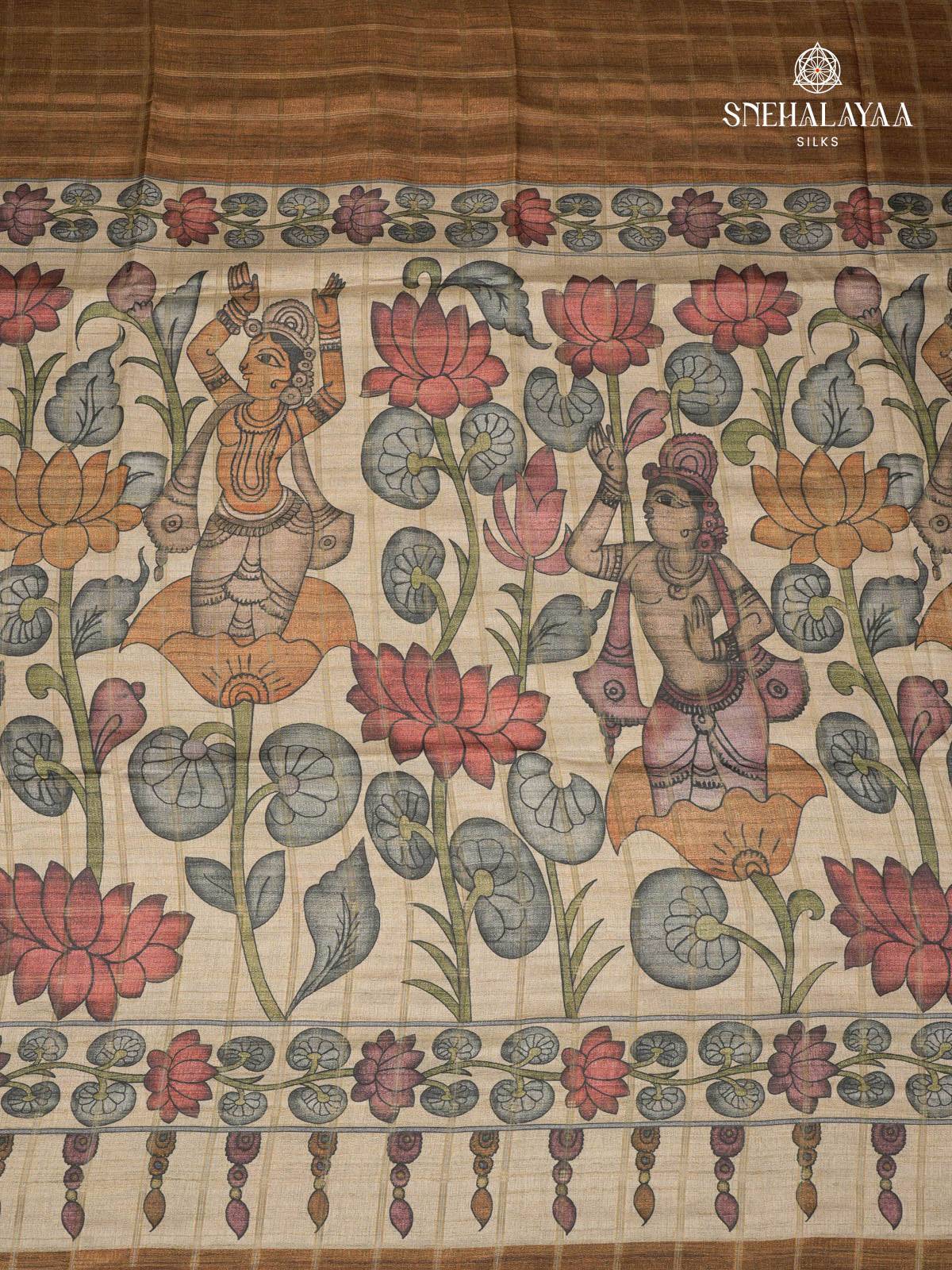 Brown Floral Printed Tussar Saree