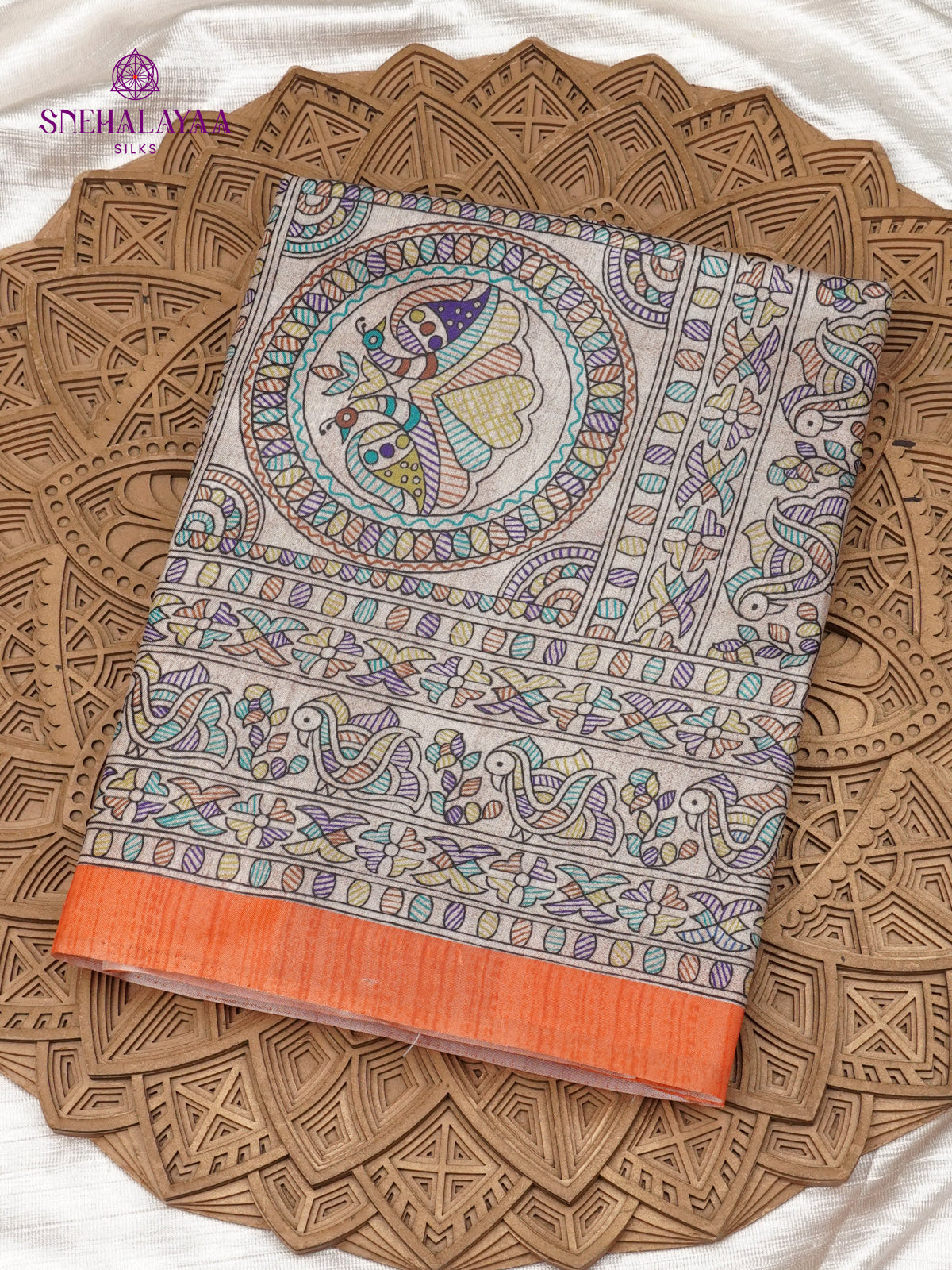 Beige With Orange Border Madhubani Saree