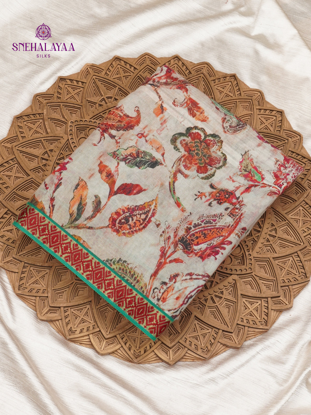 Off White Printed Linen Cotton Saree