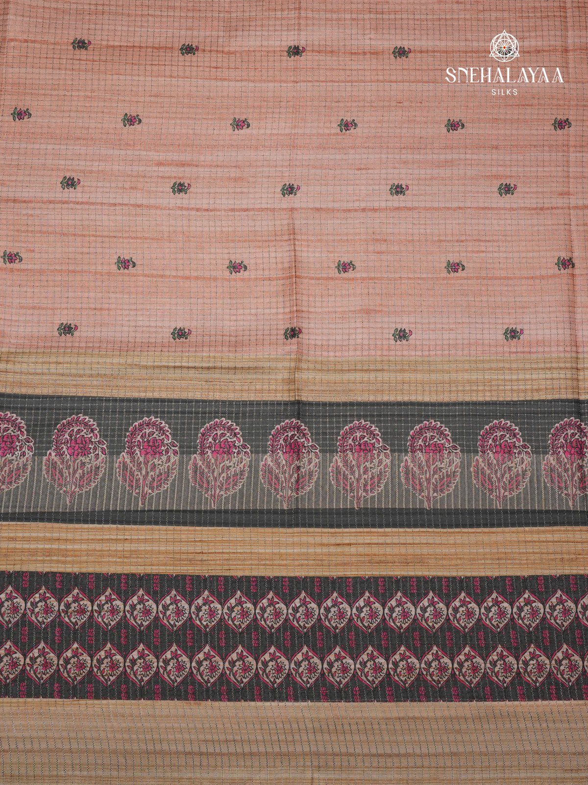 Peach Floral Printed Tussar Saree