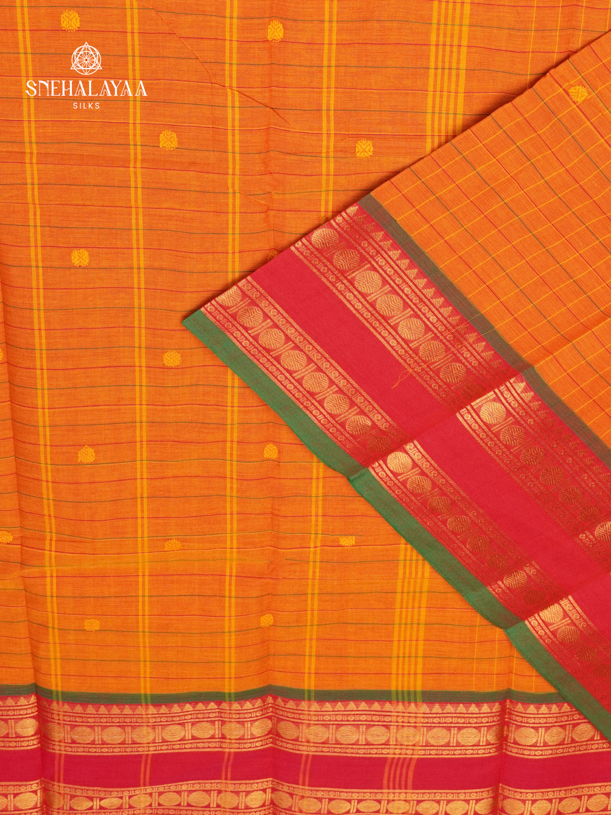 Checked Orange Kanchi Cotton Saree with Irandu Karai Zari Borders