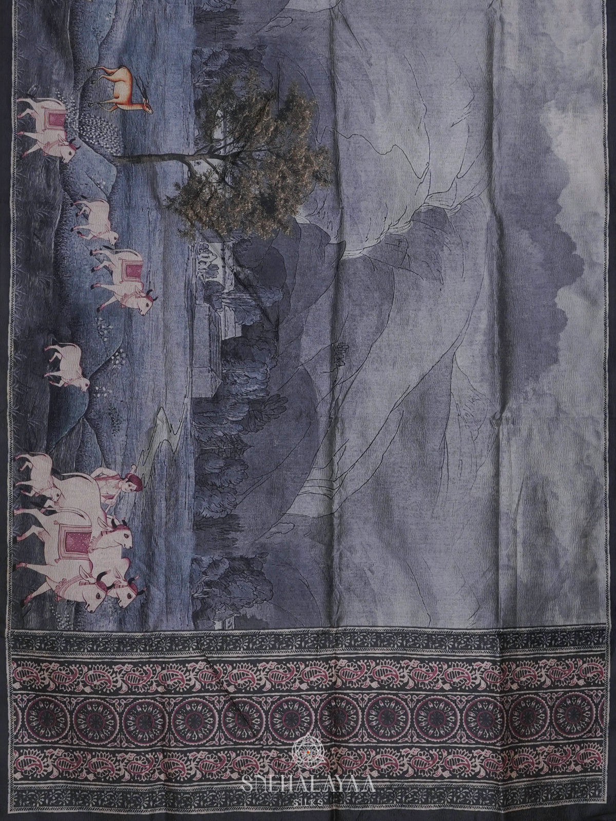 Grey Pichwai Printed Tussar Saree