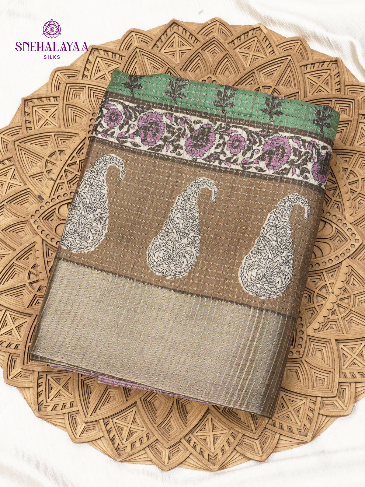 Mauve Pink Floral Printed Tussar Saree