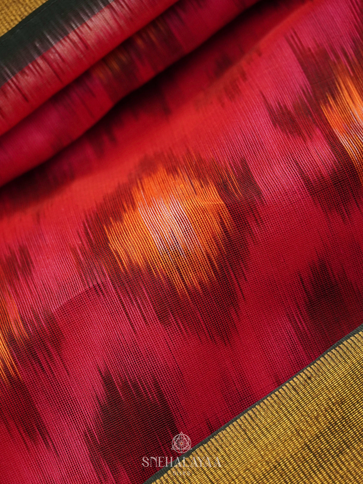 Pink Ikat Silk Cotton Saree with Traditional Woven Border