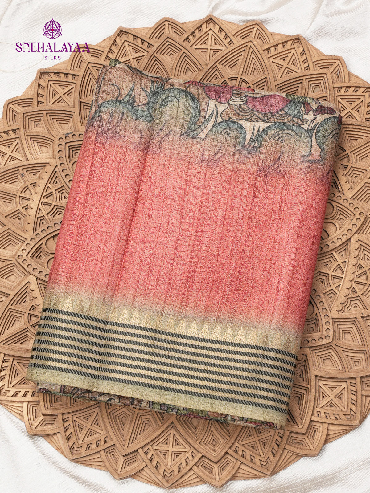 Beige With Red Border Kalamkari Tussar Saree