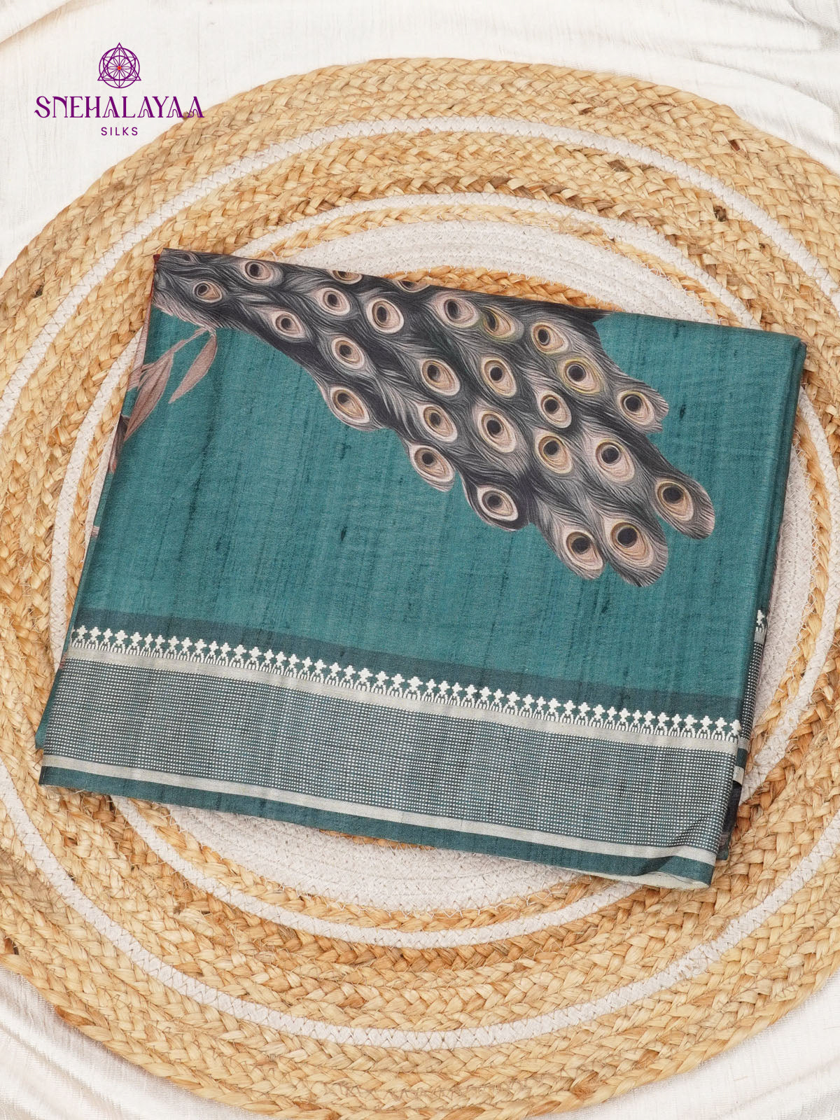 Teal Green Floral Printed Tussar Saree