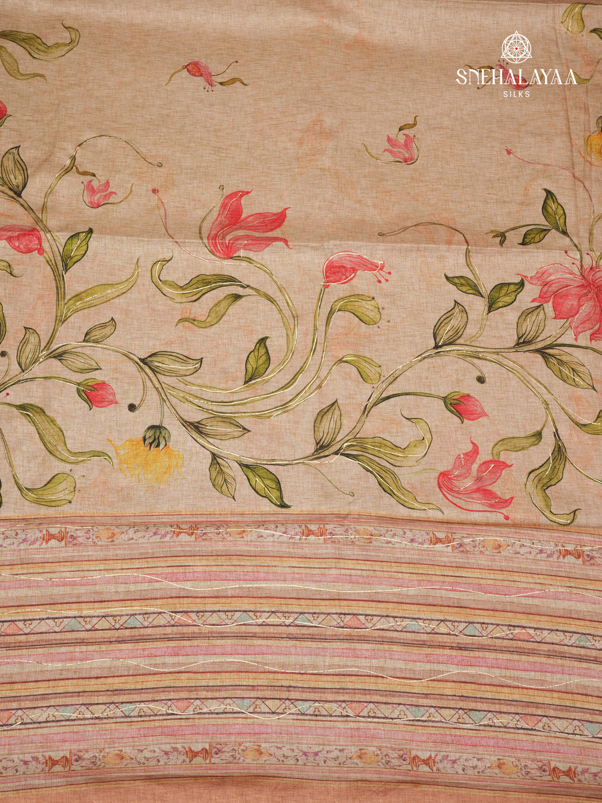 Beige Floral Printed Tussar Saree