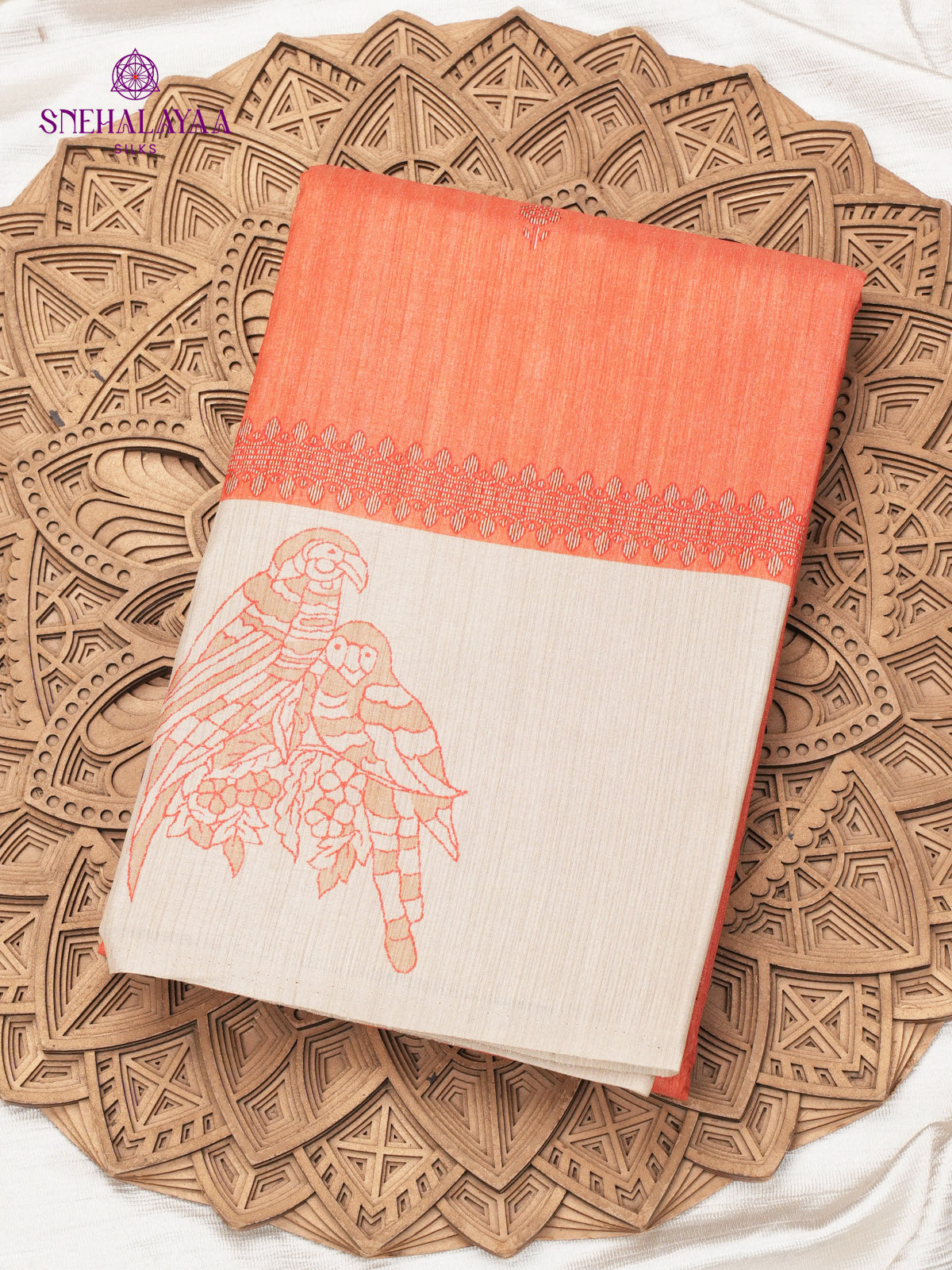 Orange Tussar Embroidery Saree