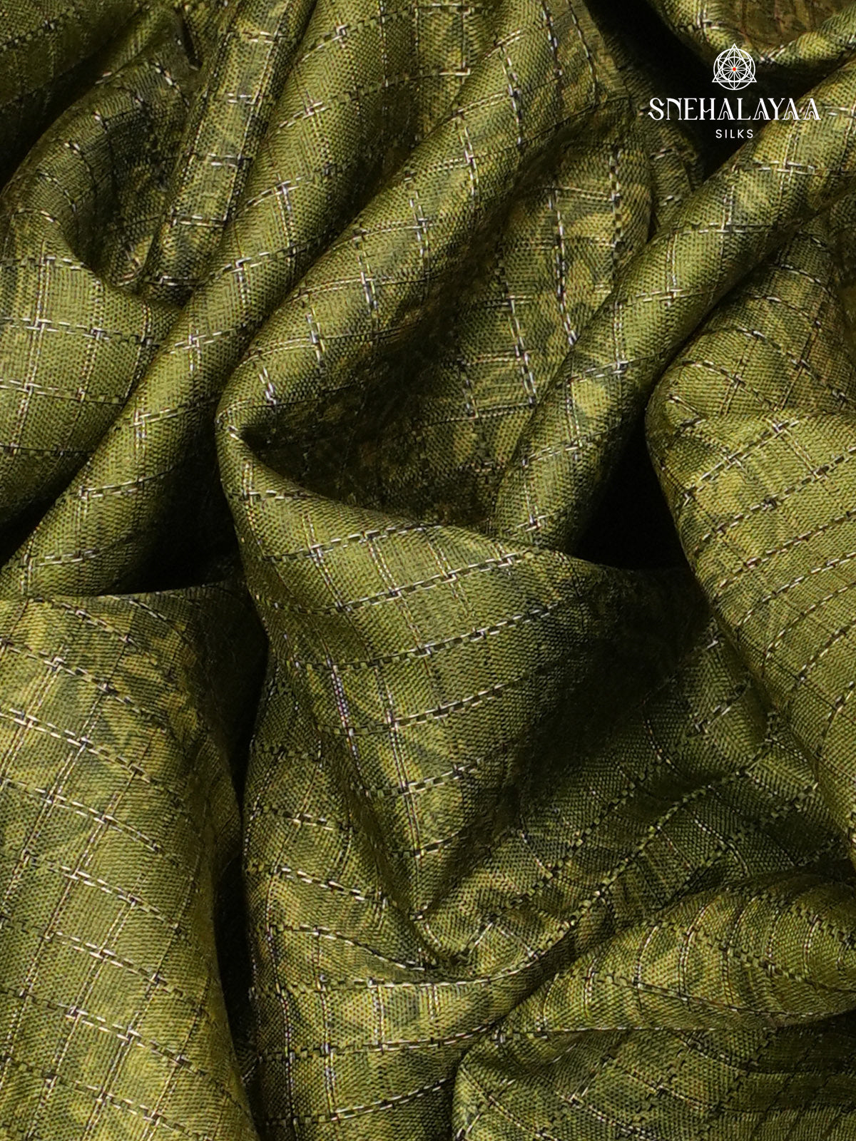 Olive Green Floral Printed Tussar Saree