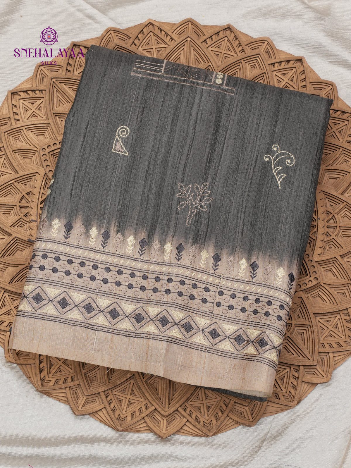 Grey Tussar Embroidery Saree