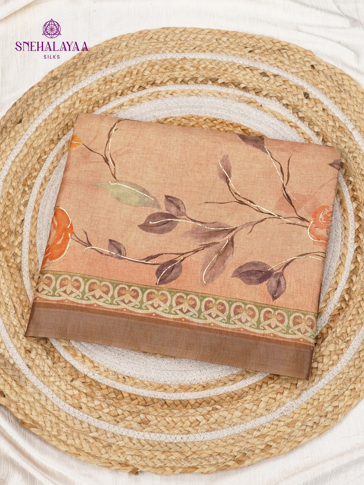 Peach Floral Printed Tussar Saree