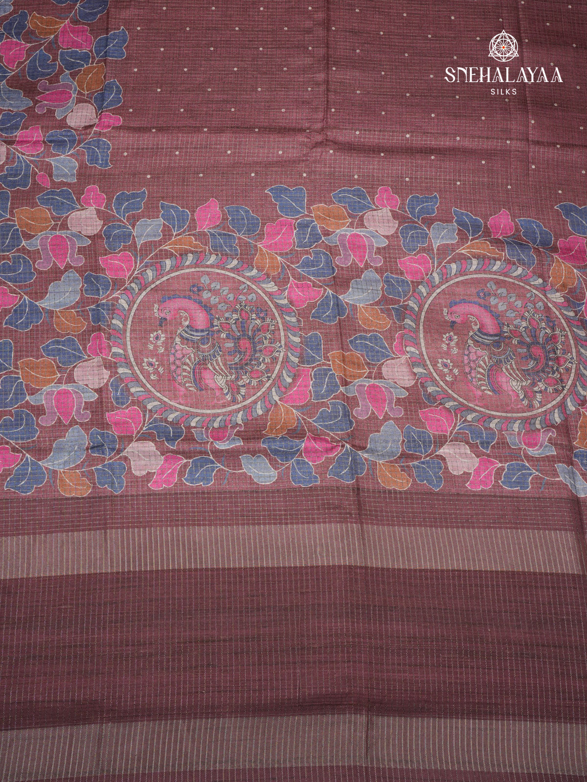 Brown Floral Printed Tussar Saree