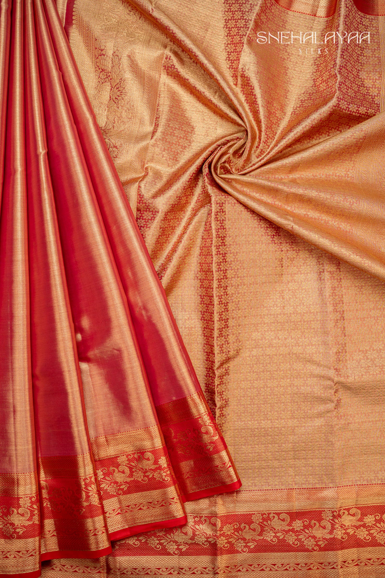 Candy Red Kancheevaram Tissue Silk Saree