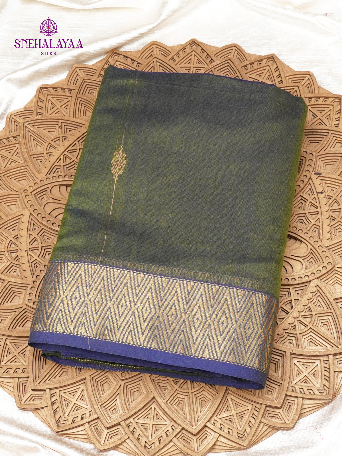 Olive Green Maheshwari Silk Cotton Saree