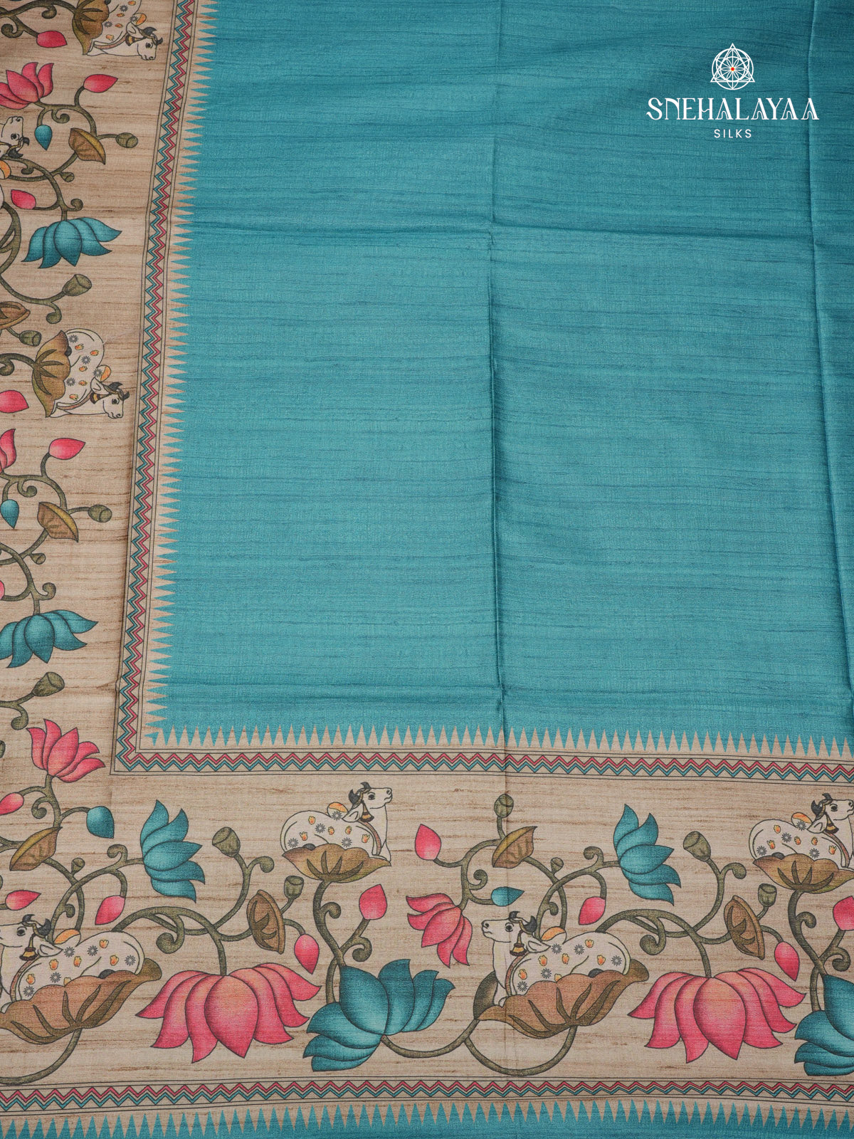 Peacock Blue Floral Printed Tussar Saree