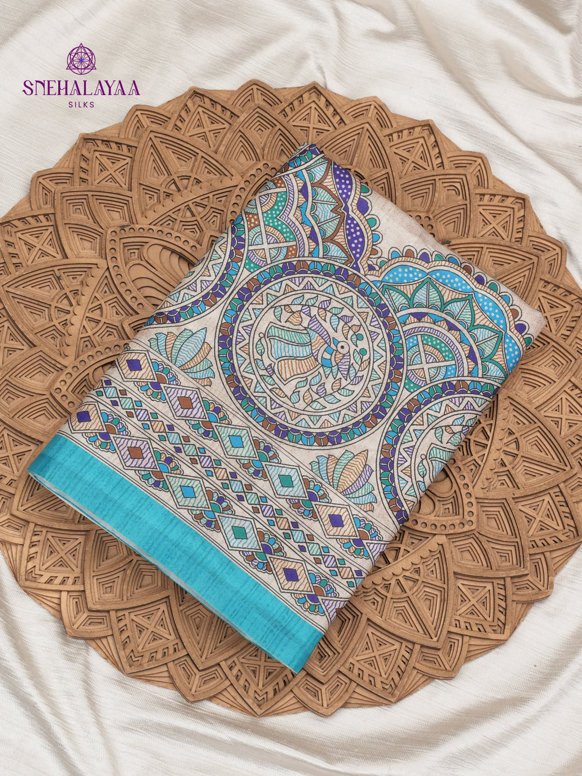 Beige With Blue Border Madhubani Saree