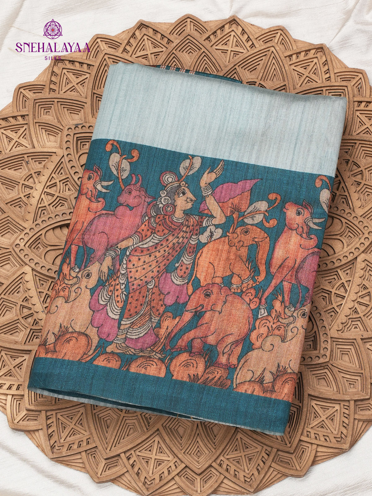 Teal Green Kalamkari Tussar Saree