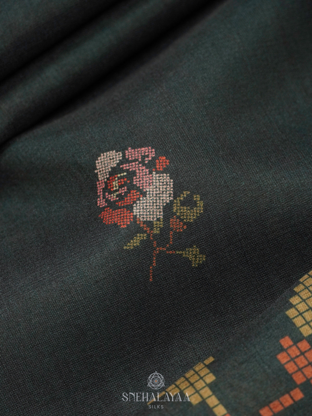 Green Floral Printed Tussar Saree