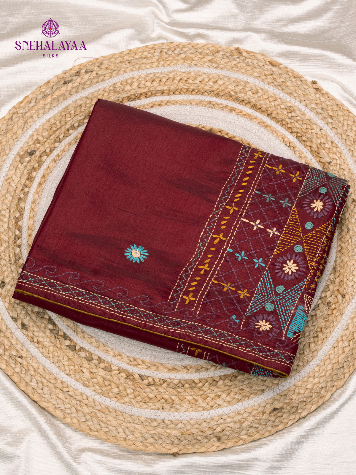 Maroon Raw Silk Embroidery Saree