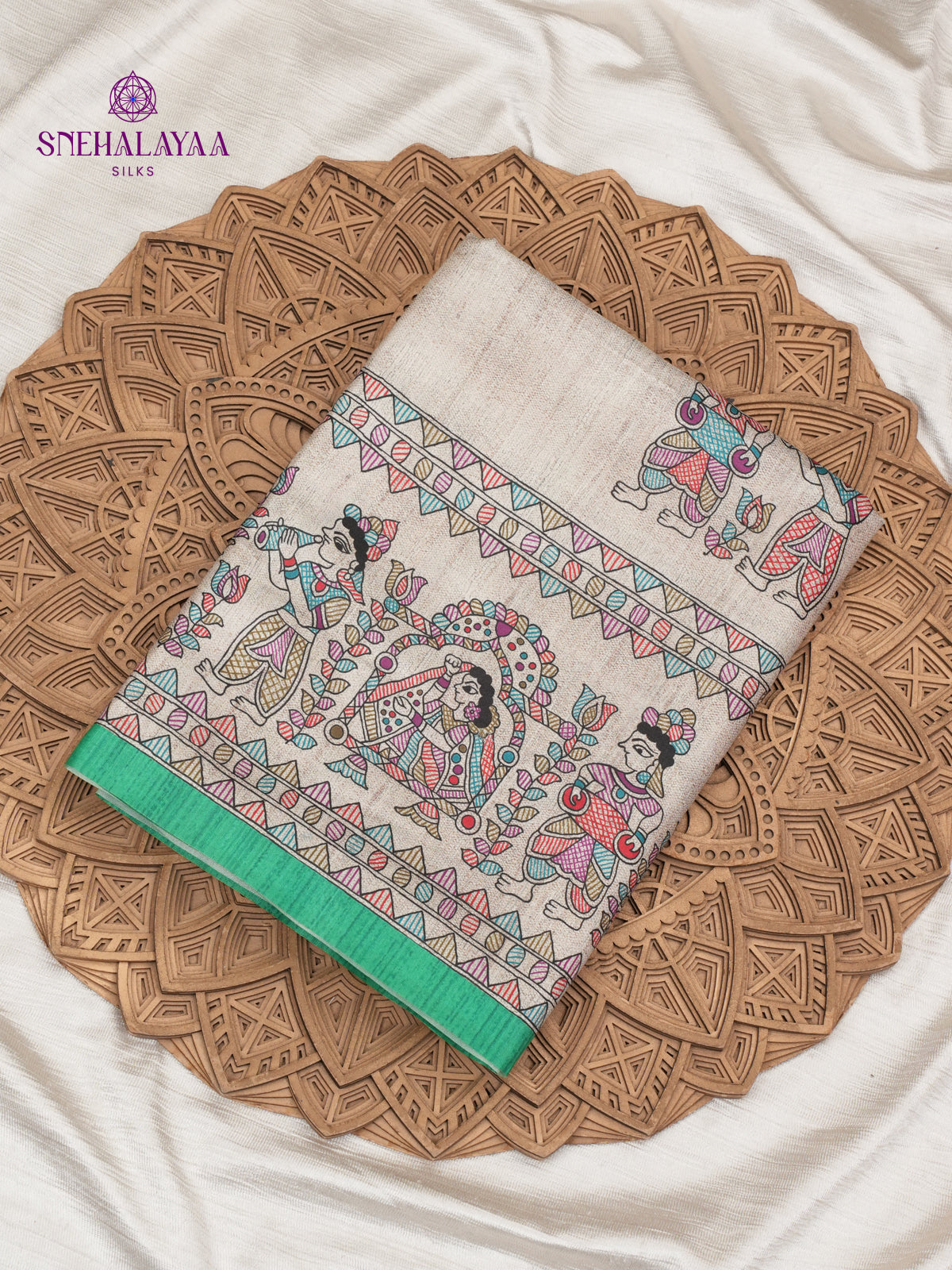 Beige With Green Border Madhubani Saree