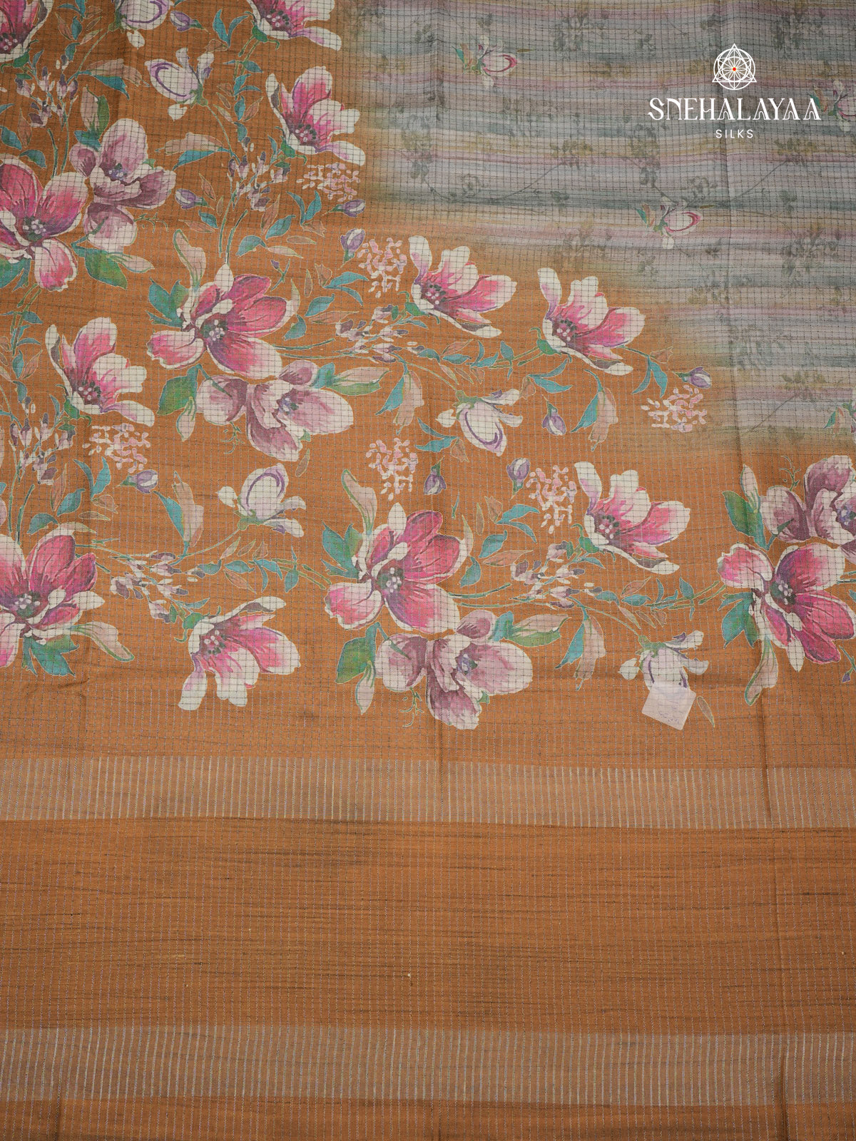 Grey With Mustard Border Floral Printed Tussar Saree