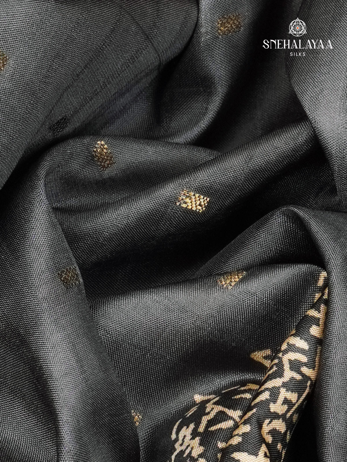 Black Floral Printed Tussar Saree